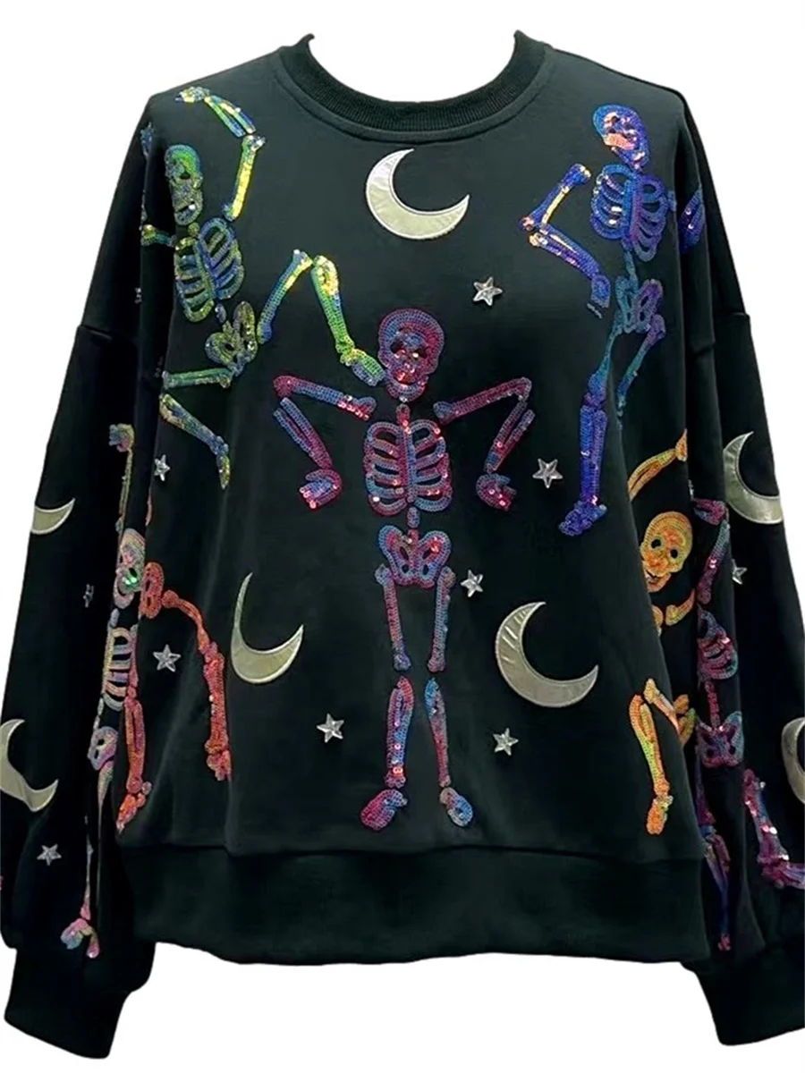 Womens Halloween Sequin Dancing Skeleton Graphic Sweatshirts Shirts Long Sleeve Sparkly Skull Ghost Pullover Oversized Sweaters