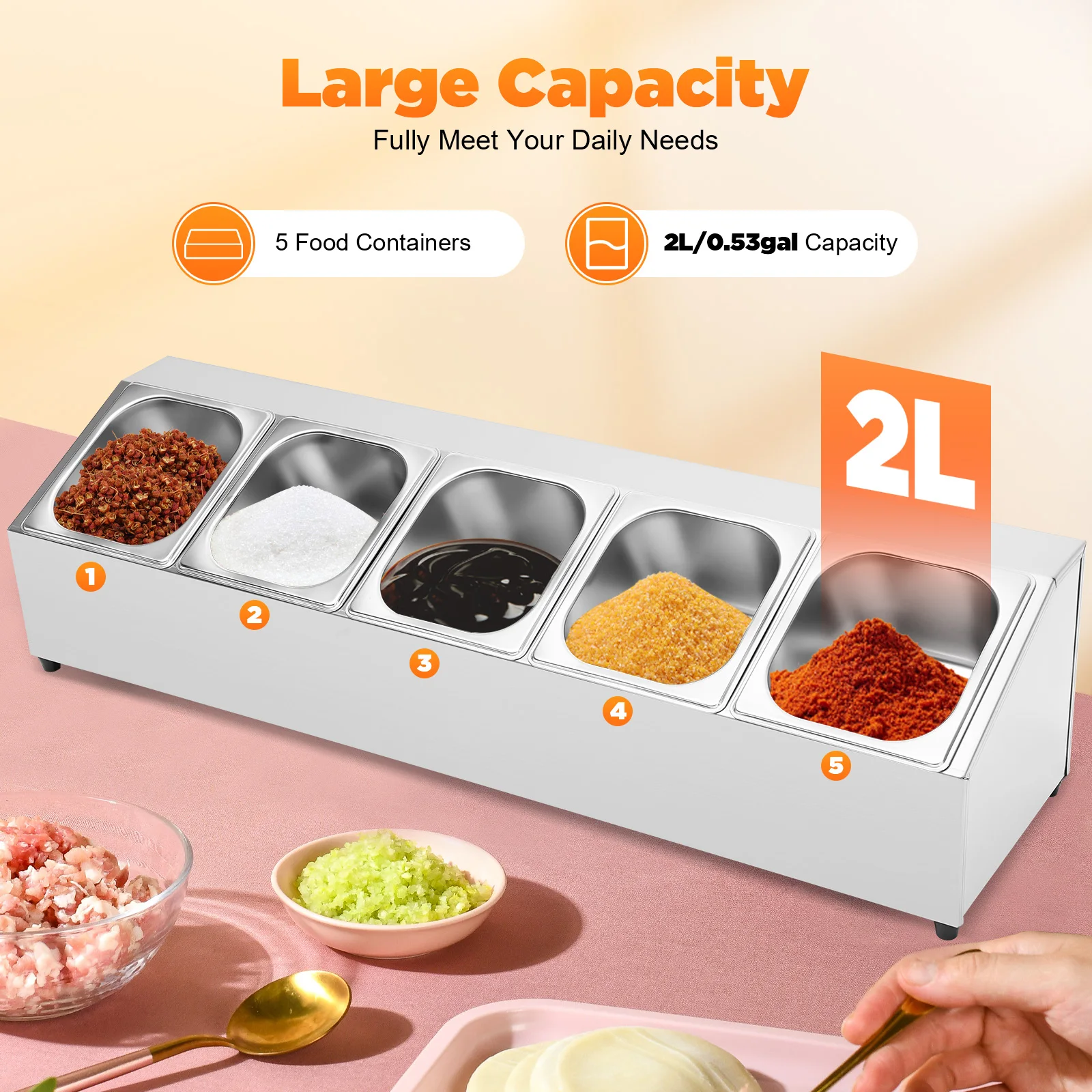 Stainless Steel 5-Grid Single-Row Food Divider Tray 201 Stainless Steel 2L Container Countertop Organizer for Kitchen