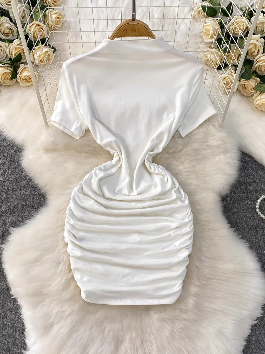 Foamlina Pleated Cinched Waist Slim Fit Dress Women 2025 Summer Chic Solid Color Short Sleeve Sexy Bodycon Mini Tight Dresses