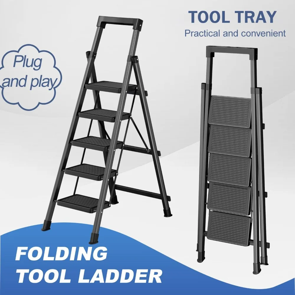 5-traps ladder met gereedschapsbak, draagbaar opstapgereedschap 330 lb belasting, opvouwbare opstapladder met antislip verbrede pedalen, leuning, Safe-Loc