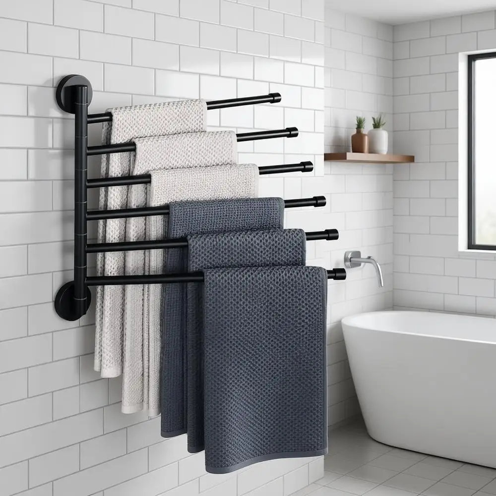 

Swing-Out 6-Arm Towel Rack, Wall-Mounted Storage for Bathroom or Laundry, Matte Black Stainless Steel