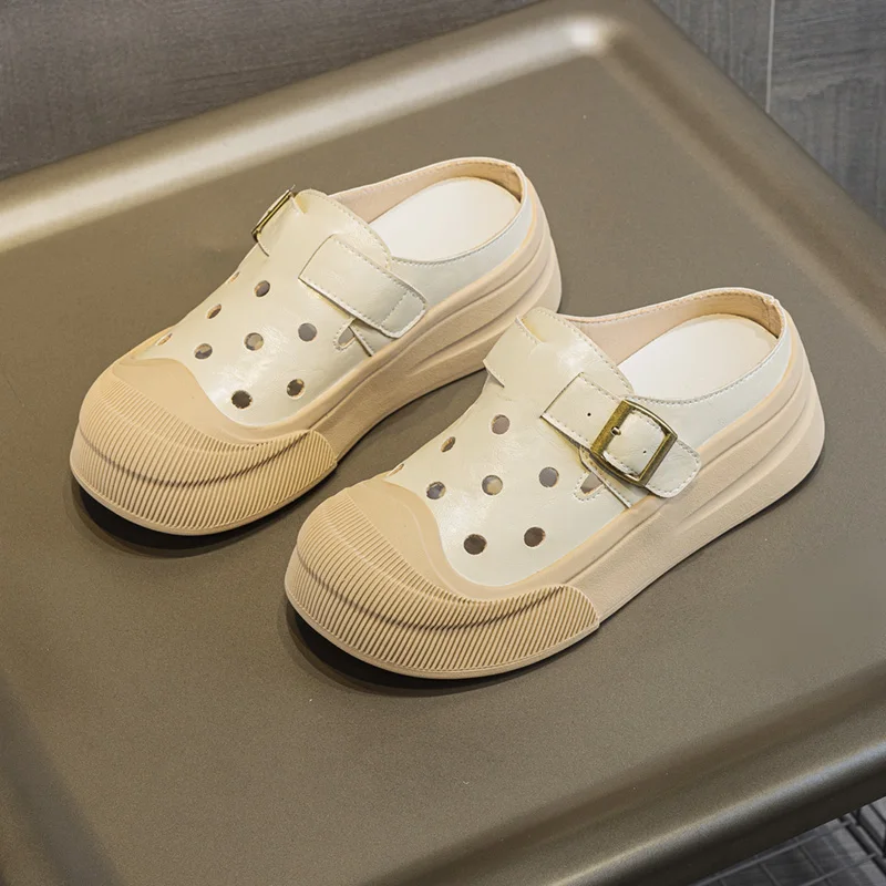 DIMANYU Women Slippers Genuine Leather 2025 Summer New Casual Eyelet Slippers Women Platform Hollow One Foot Slippers Women