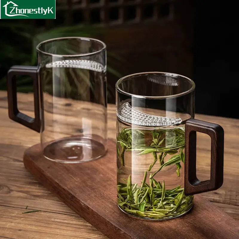 450ml Walnut Wooden Handle Glass Cup with Tea Infuser Filter Flower Tea Water Separation Scented Mug Office Portable Drinkware