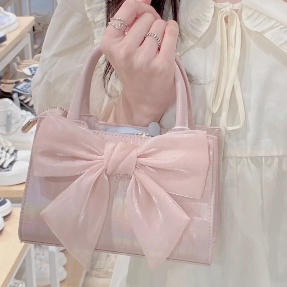 Bolsa PU com zíper para mulheres, bolsa bowknot rosa, bolsas de axilas femininas, fofas, verão