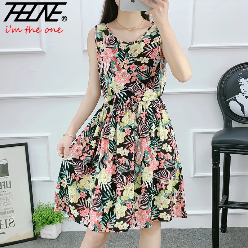 THHONE Dress Women Summer Bohemian Robe Casual Print Loose Adjustable Waist Draw String Beach Style Vintage Sleeveless Dresses