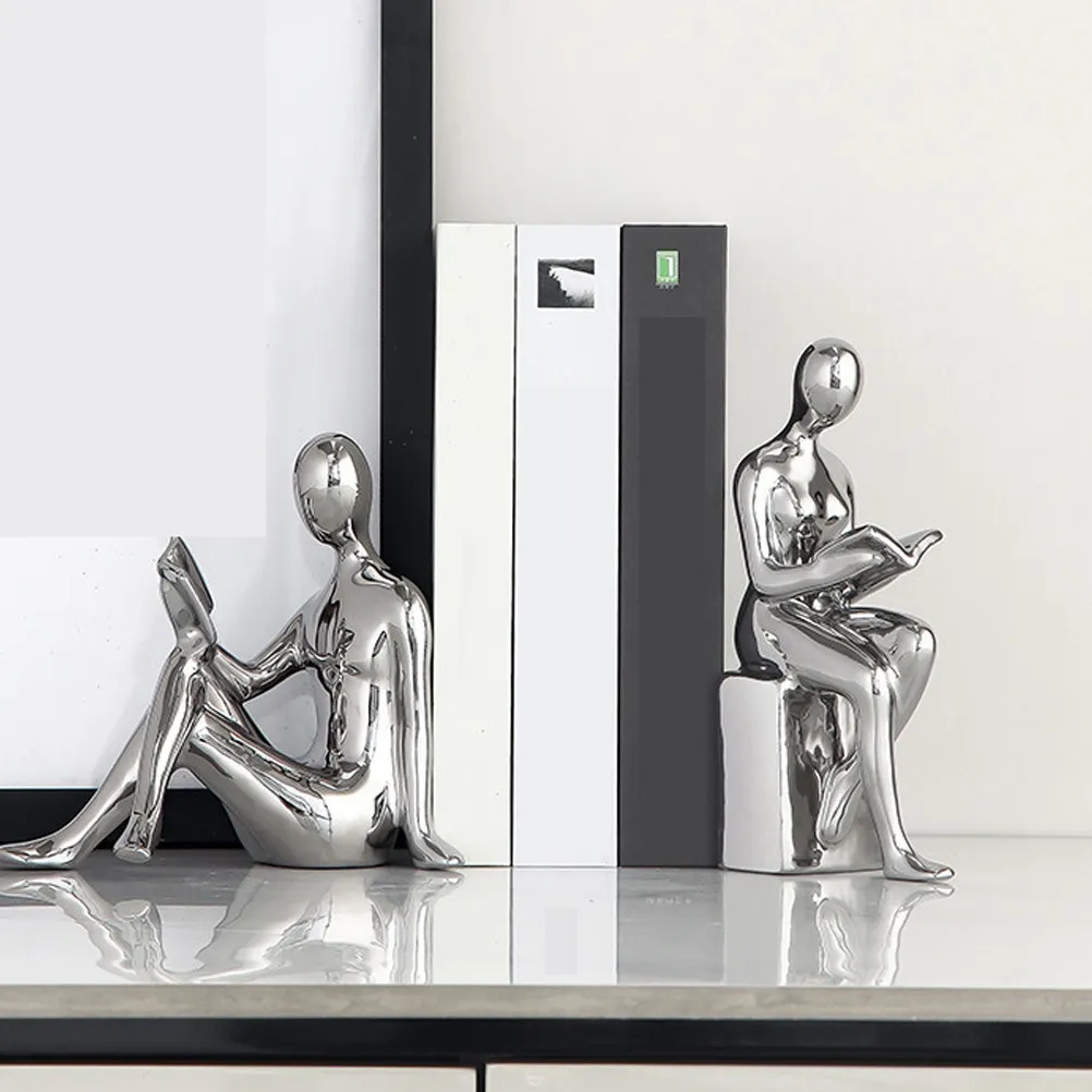 1Pair Ceramic Reading Statue Bookends Modern Minimalist Desktop Bookshelf Decor Living Room Home Office Shelf Decoration