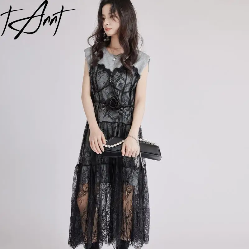 Tannt Women Dress Lace Patchwork Fake Two-piece Sleeveless Perspective Sexy Dresses Color Matching Fashion Long Summer Dresses