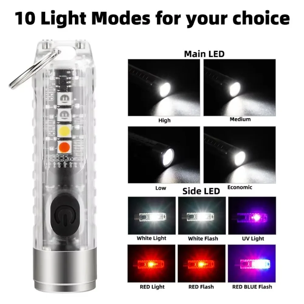 Keychain Mini LED Flashlight USB Rechargeable Multi-function Emergency Camping Lantern Waterproof UV Keychain Flashlight
