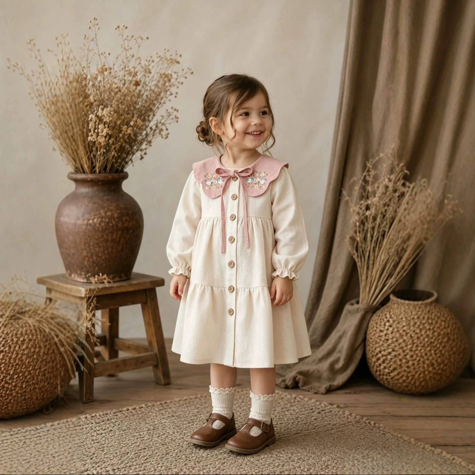 2026 Autumn Winter New Girls' Cotton Hemp Lotus Leaf Flower Pattern Collar Long Sleeve Dress Embroidered Princess Dress