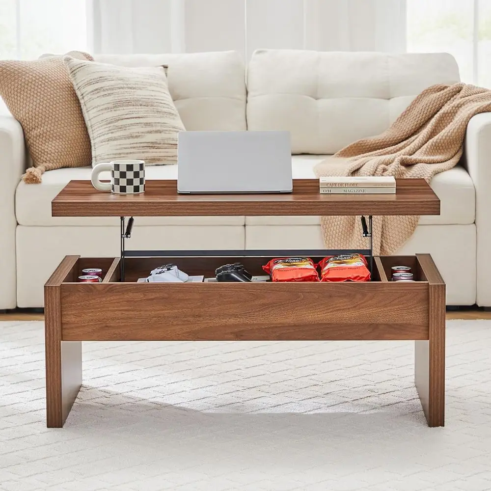 Mid-Century Rectangular Lift-Top Coffee Table with Storage, Walnut Finish for Compact Spaces