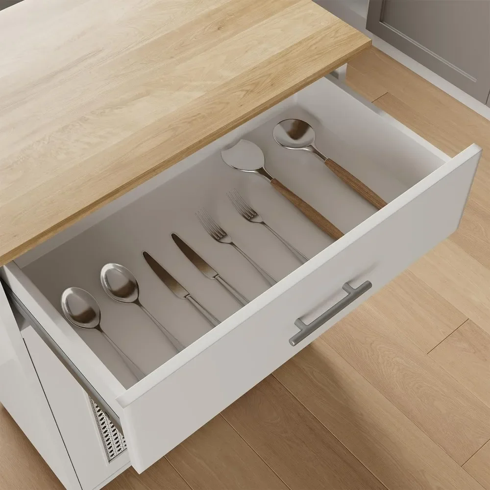 Isla de cocina con almacenamiento, isla de cocina con ruedas con encimera de madera maciza, carrito de isla de cocina con estante para especias