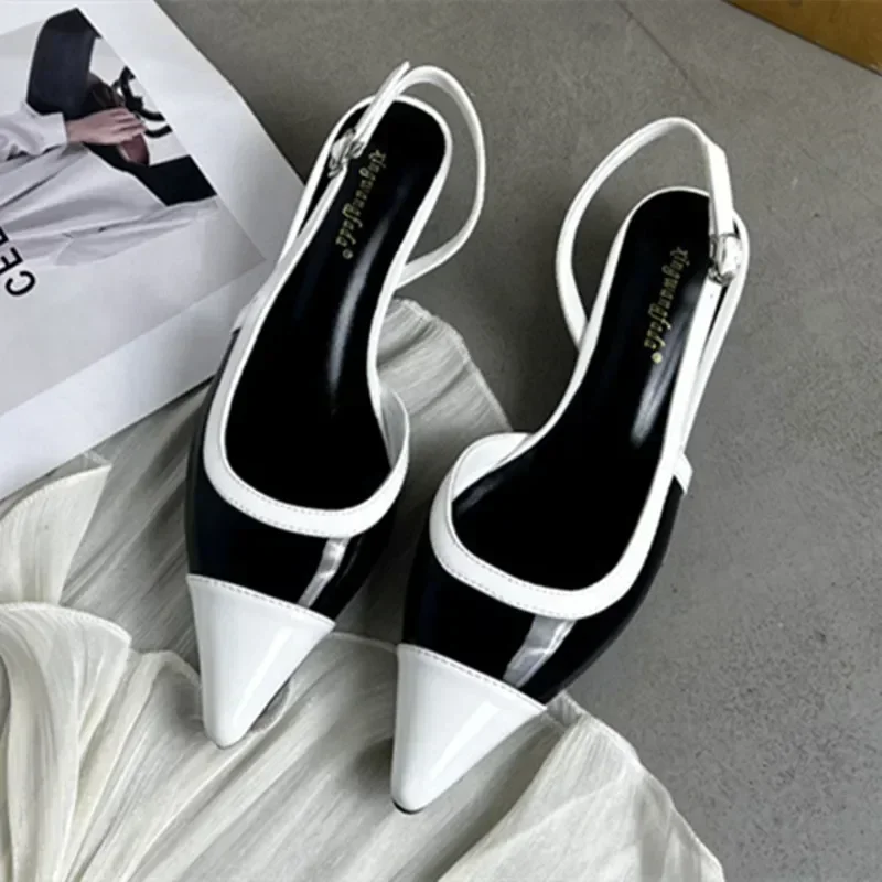 Designer Black White Mixed Color Low Heeled Sandals Women Sexy Pointed Toe Slingbacks Chunky High Heels for Women Elegant Heels
