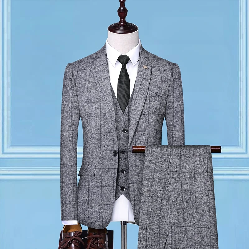 Boutique Suit (suit + Vest + Trousers) Checkered Stripes with Handsome Trend Leisure Business 2024 New Men\'s Three-piece Set