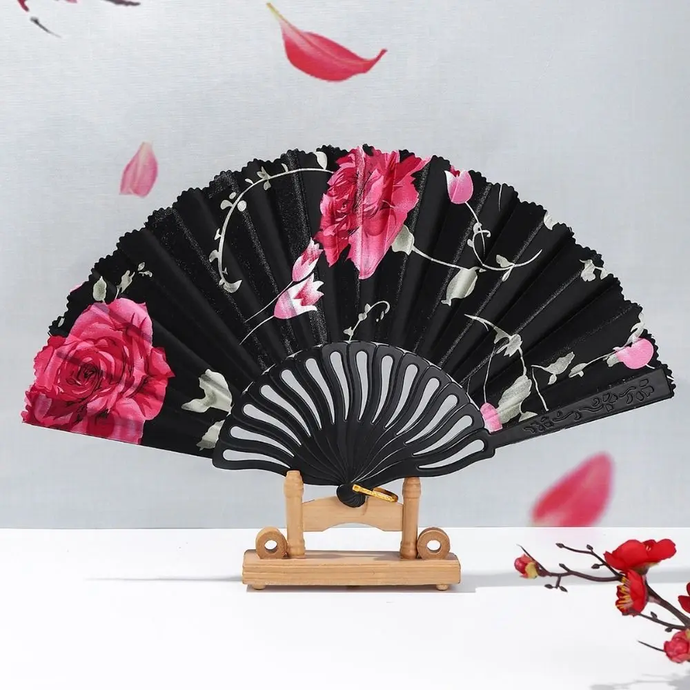 Portable Plastic Rod Folding Fan Decorative Hollow Cloth Hand Fan with Fan Ring Summer Cooling Fan Hanfu Accessories