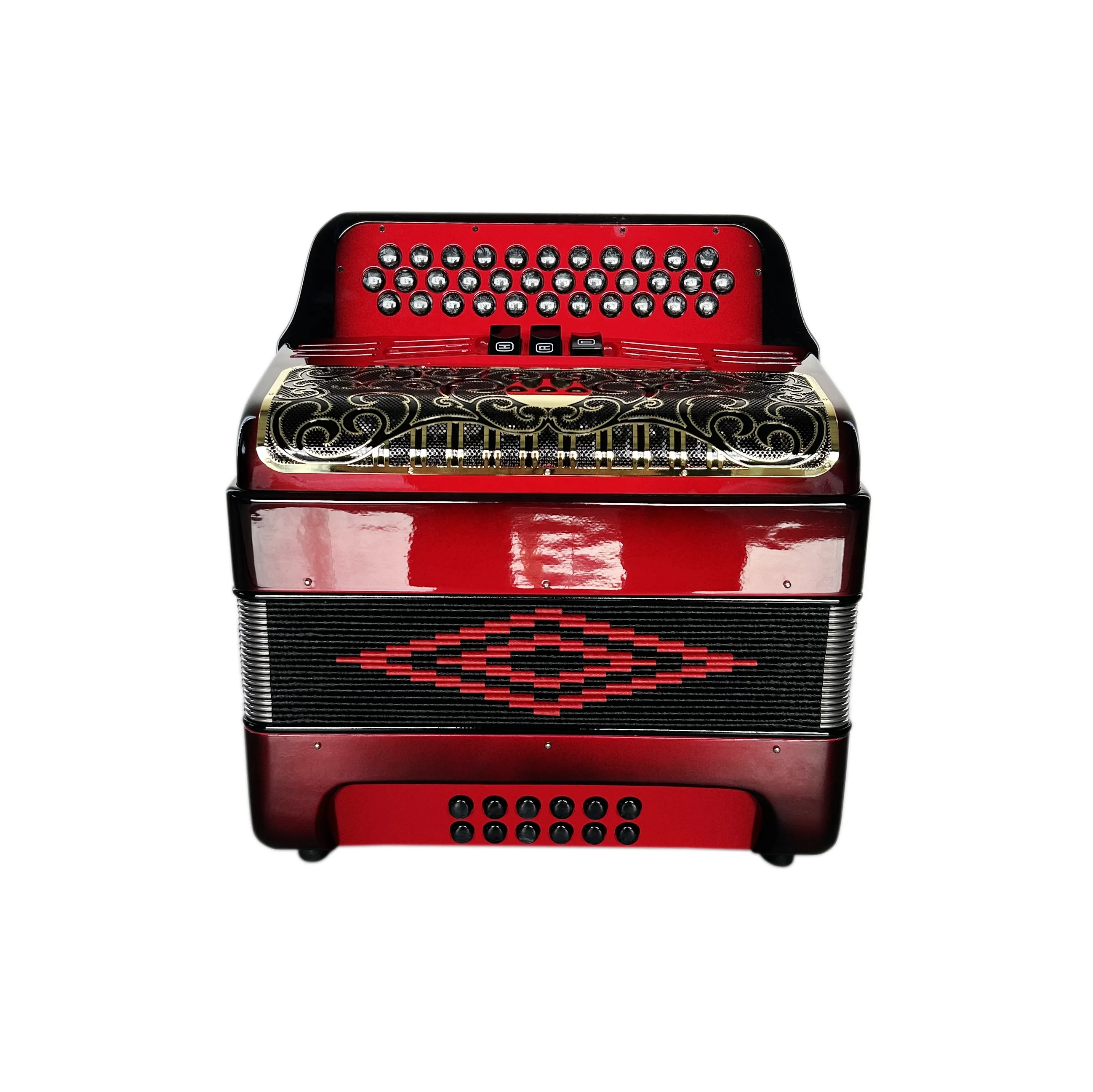 

Professional 34 Buttons 12 Bass 3 Registers Red Black Gold Grill Portable Accordion JB3412C