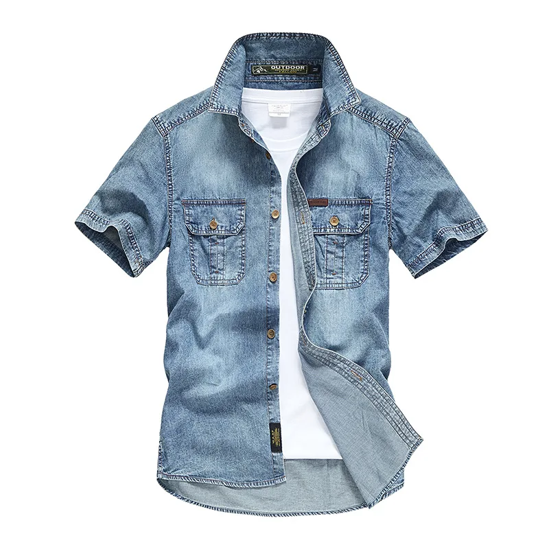 Mens Summer Retro Denim Shirts Mens Casual Straight Cotton Short Sleeve Jean Shirts Street Outdoor Cargo Plus Size Blue T-Shirt