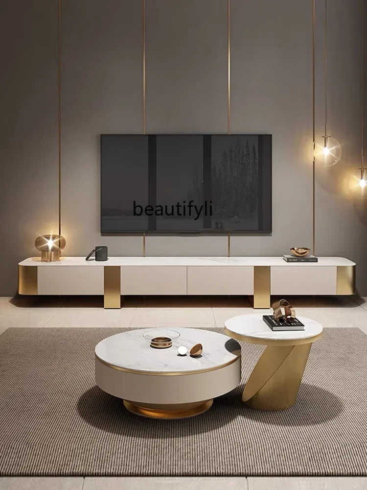 

Q181 French Entry Lux Italian Modern Simple Light Stone Plate Baking Finish Tea Table TV Cabinet Unit