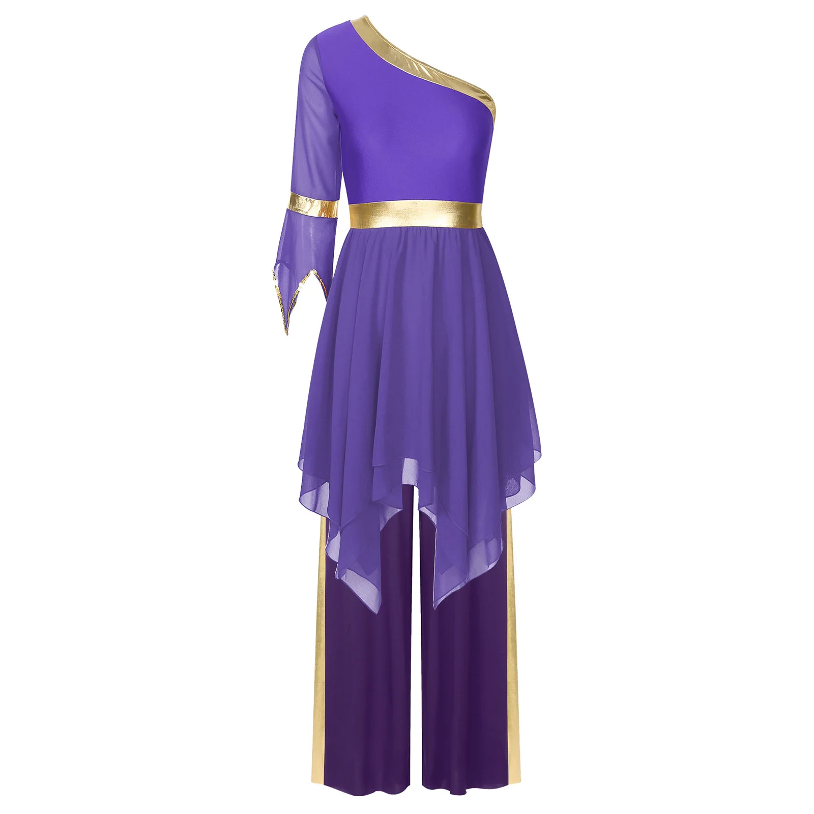 Womens Church Lyrical Dance Outfit Liturgical Worship Choir Praise Performance Costume One Shoulder Dress with Wide-Leg Pants