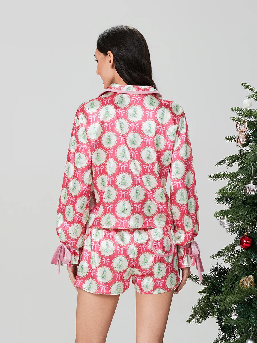 Women Christmas Pajama Set Santa Tree Print Lapel Neck Button-up Long Sleeve Tops Shorts 2-Piece Loungewear Outfit