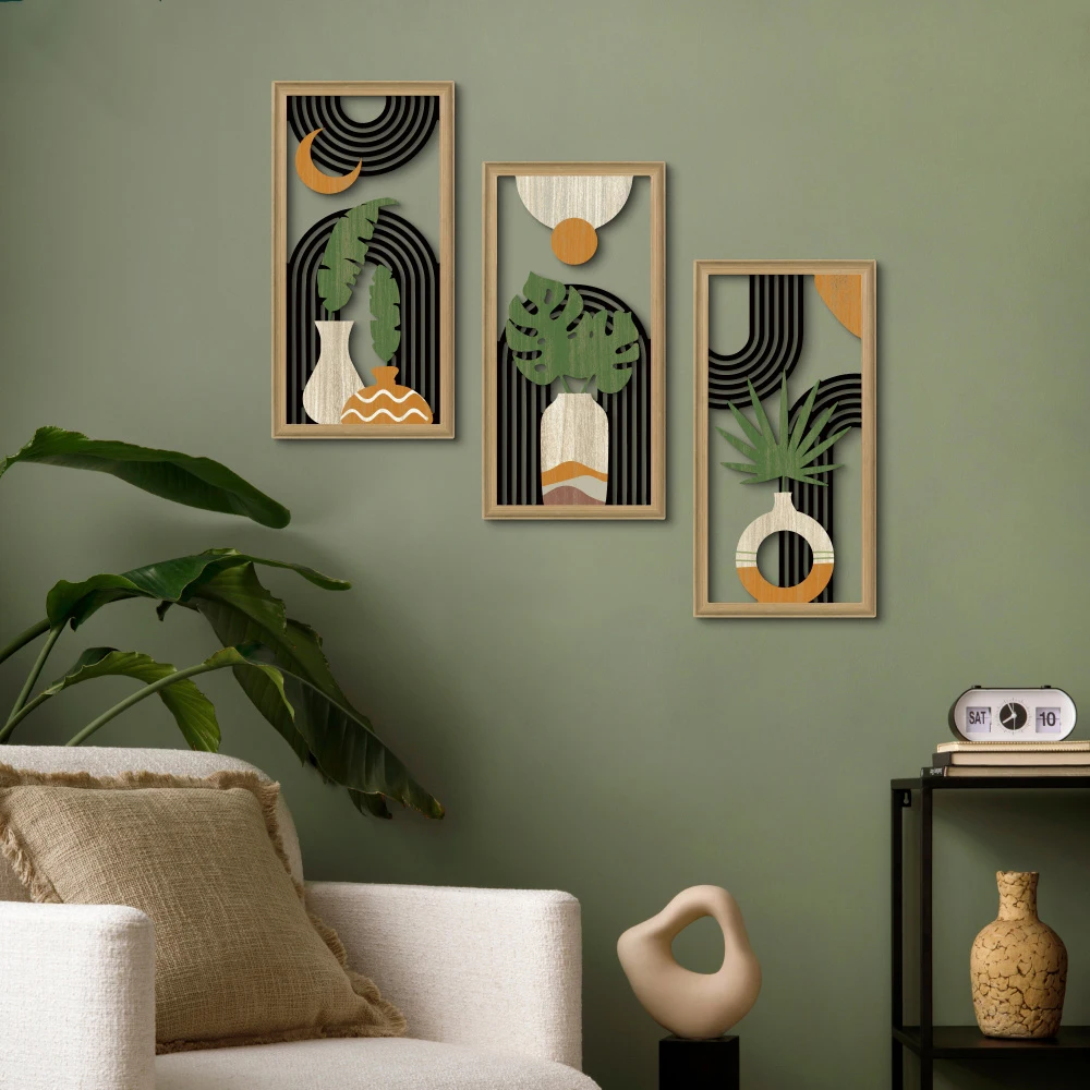 3 Stück 40cmX20cm Boho-Stil Hohlholz Retro Rustikales Blattmuster Wandbehang Kunst Wohnzimmer Schlafzimmer Wanddekoration Geschenk