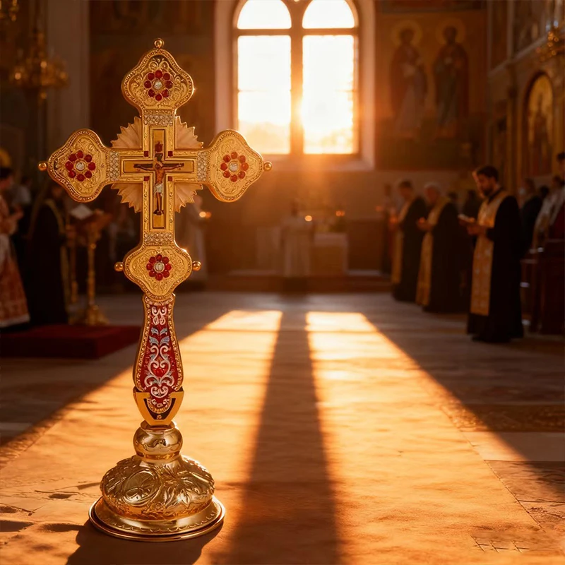 Vergoldetes Orthodoxes Standkreuz mit Emaille- und Kristalleinlage und Kruzifix-Ikone, Hochwertiges Kirchenaltar-Kreuz für Liturgie und spirituelle Zwecke – Detail 11