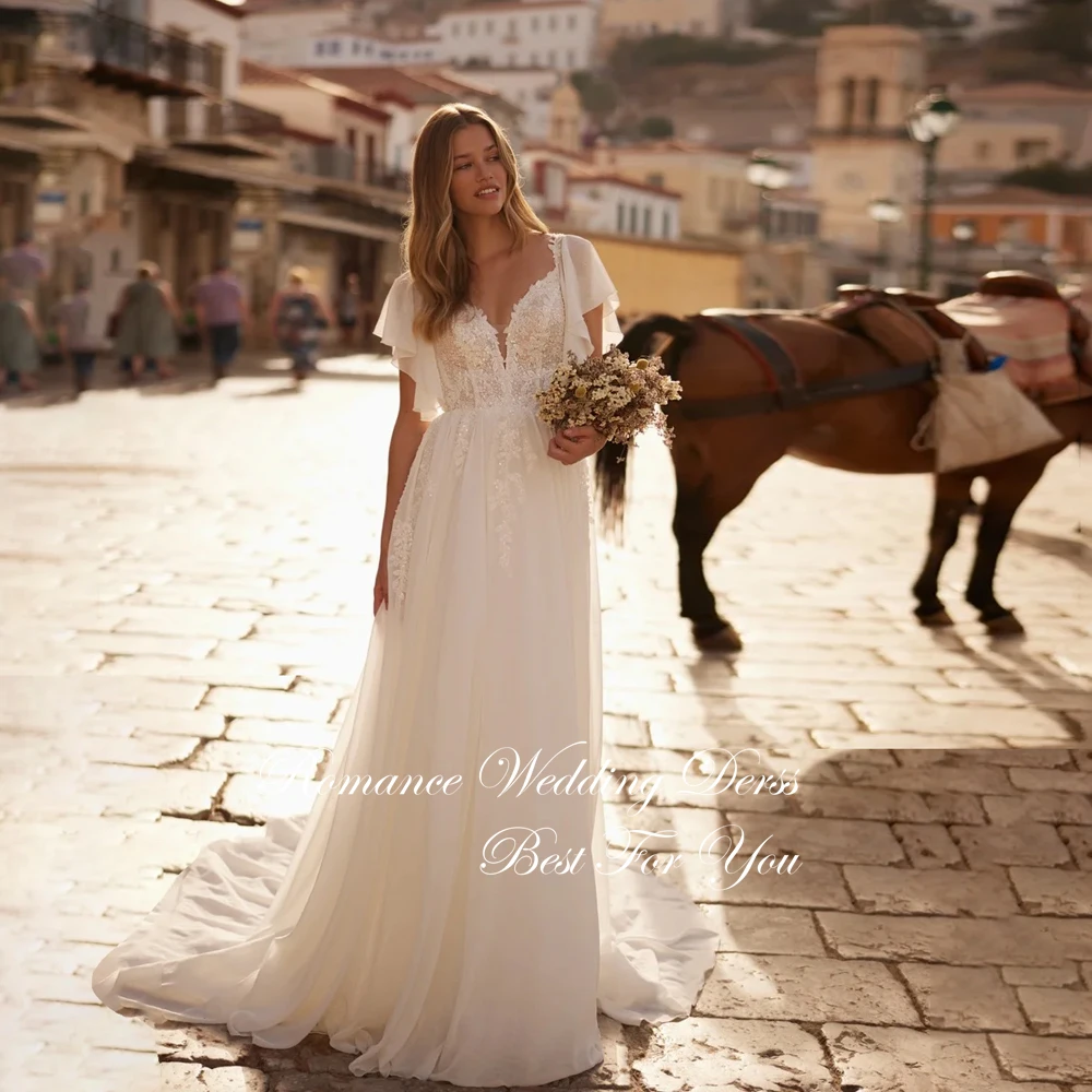 Elegante renda a linha vestido de casamento plissado batwing mangas abertas volta chiffon appliqued vestido de noiva vestidos de novia personalizado