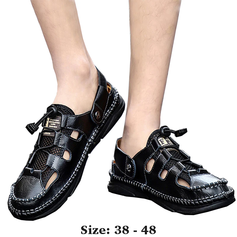 

High quality leather flat sandals for men round toes new summer 2025 size 38 48 casual outdoor walking big size shoe brown khaki