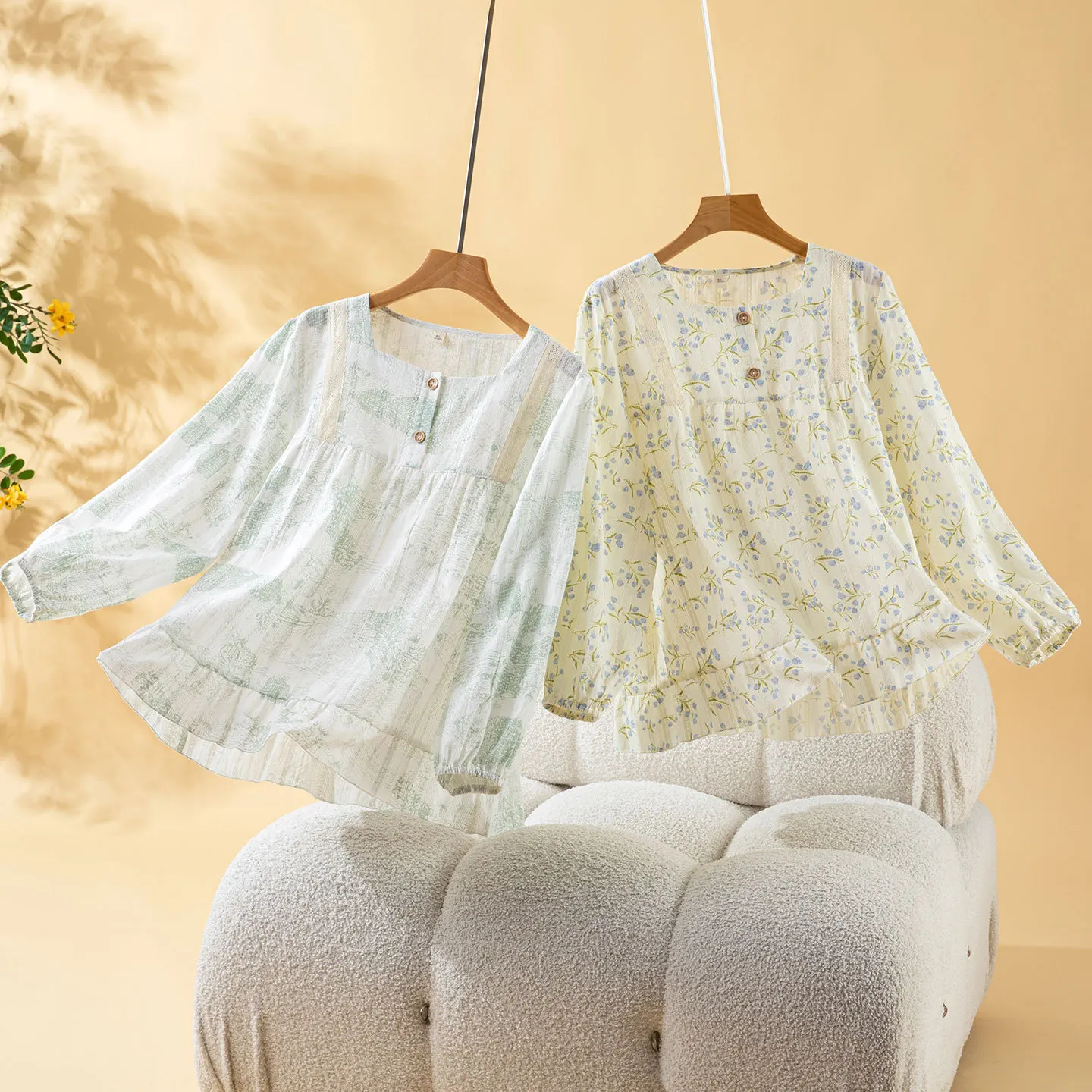 Summer Women's Square Collar Pajama Set Cotton Long Sleeve Pullover Pants Two Piece Set Thin Home Clothing