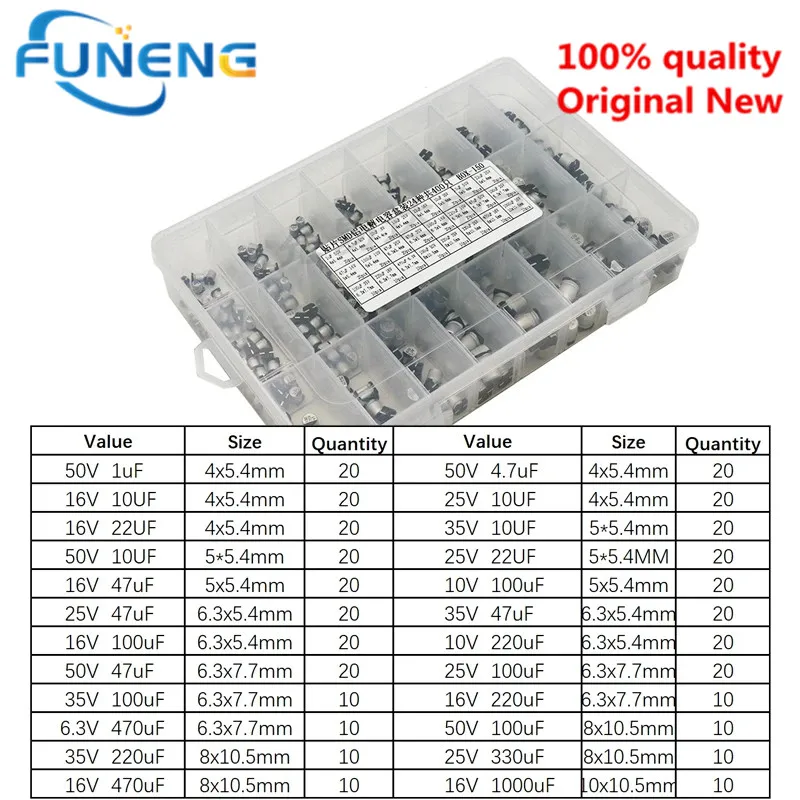 1uF~1000uF 6.3V-50V 400Pcs 24Value SMD Aluminum Electrolytic Capacitors Assortment Kit + Box