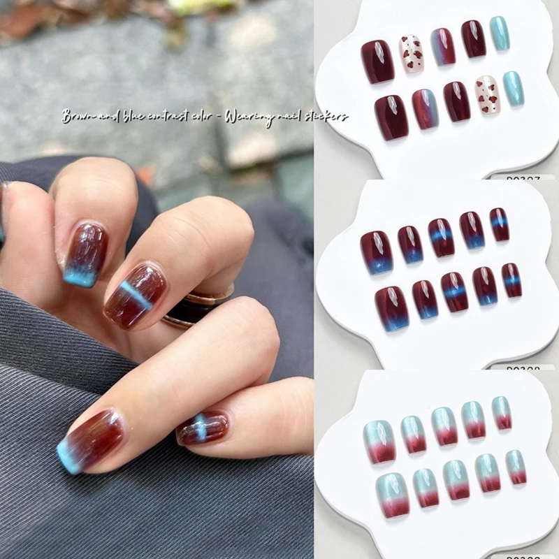 10 قطعة الخريف الشتاء نمط جديد الأزرق البني التباين اللون مسمار ملصقات الأظافر ملصق اضغط على الأظافر مسمار التصحيح مزاجه الأظافر وهمية