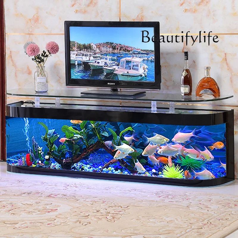 خزانة تلفزيون XX، خزان ذهبي، أرضية متوسطة وكبيرة، طاولة قهوة مستديرة مزدوجة ضد حوض السمك الزجاجي الإبداعي #3