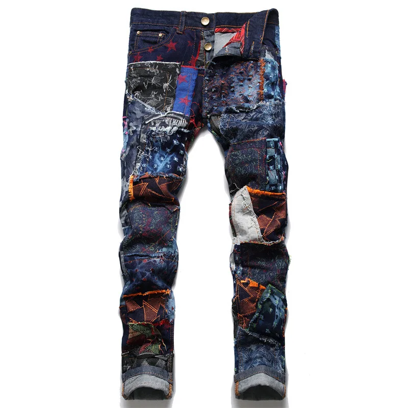 

Fashion High Street Jeans New Patchwork Calico Patterned Printed Denim Pants Men Slim Ripped Jeans Straight Leg Beggar Trousers