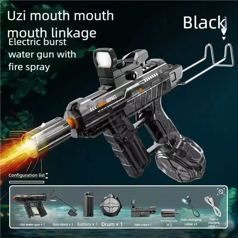 Pistola ad acqua elettrica UZI 2025 Vendita calda Camera di collegamento a impulsi a fuoco continuo Effetto speciale Fiamma Giocattolo per giochi d'acqua per bambini