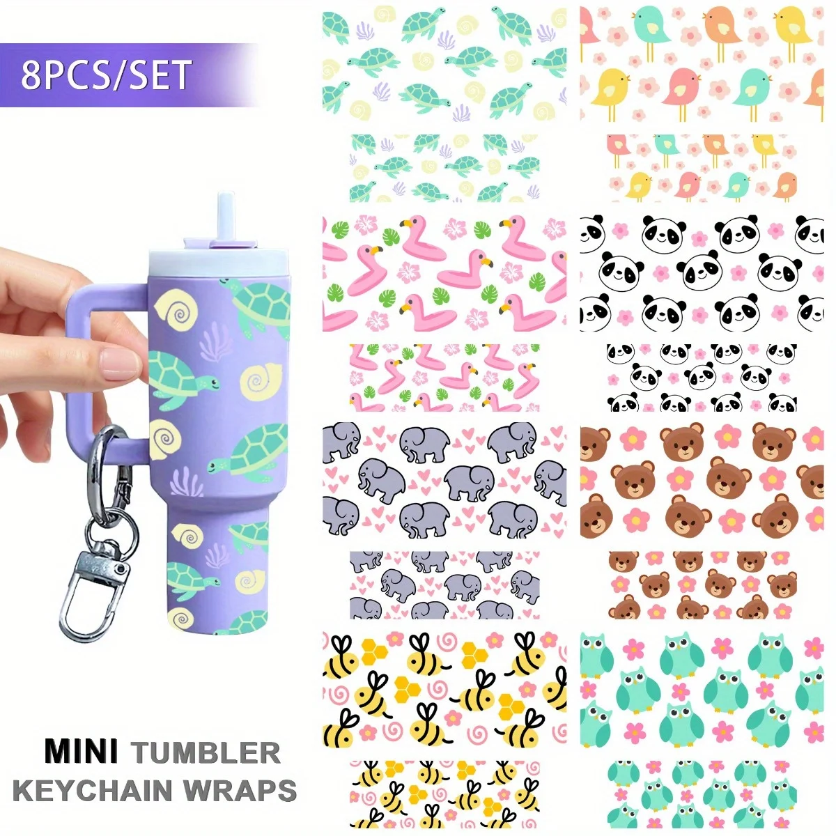 

8 Piece Animals And Flowers MINI UV DTF Key Chain Decorative Paper Waterproof And Durable DIY Key Chain Packaging Transfer Paper