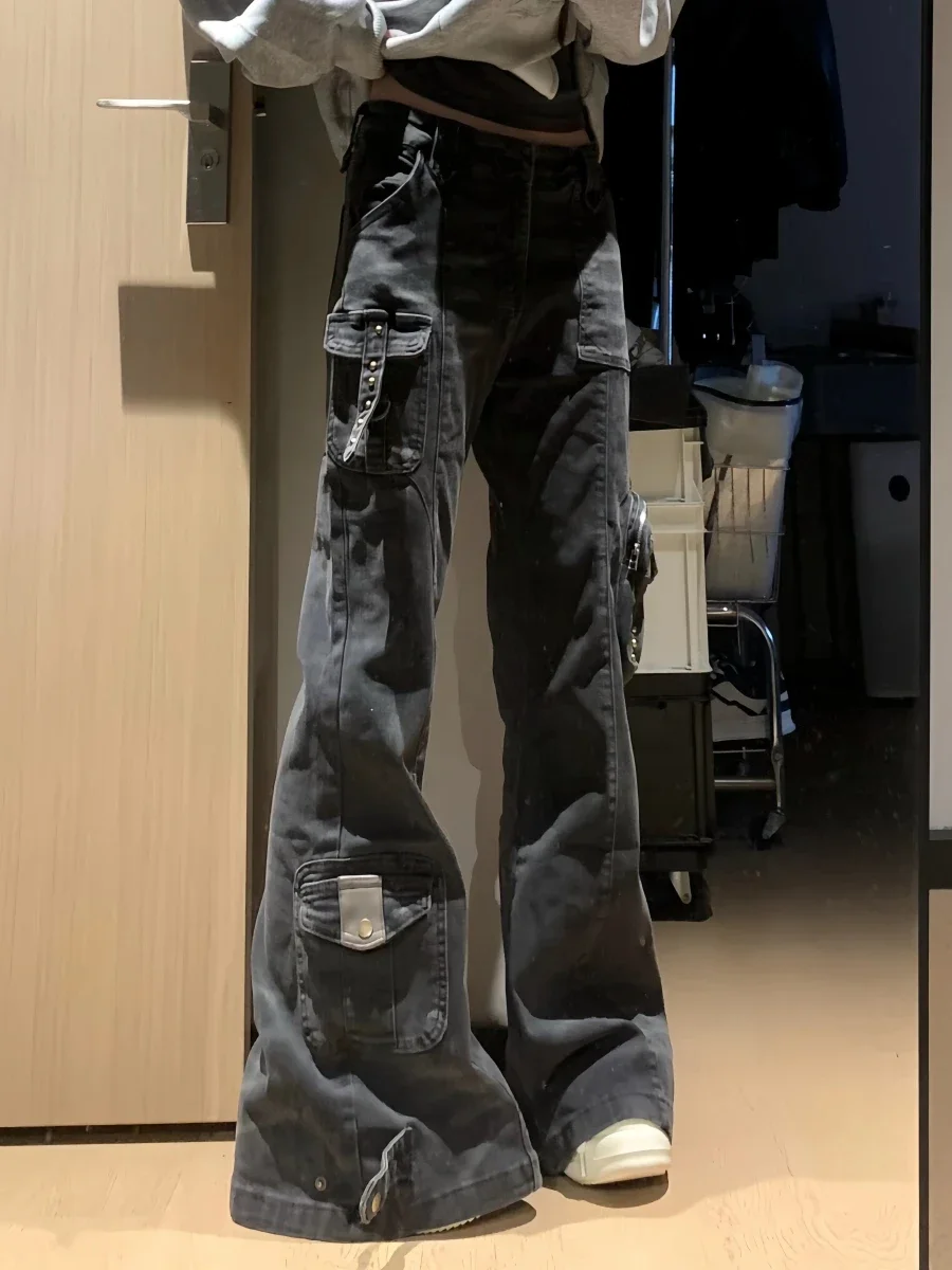 Y2k  American Retro High Street Dark Academia Women's Flare Cargo Jeans Harajuku Japanese Low Rise Denim Pants