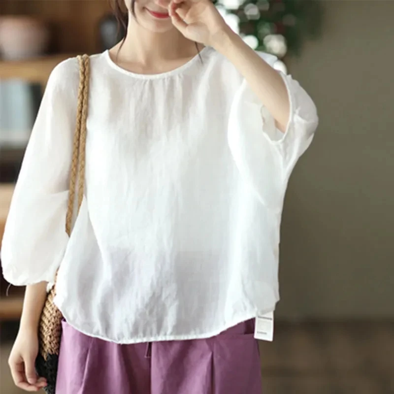 Linen Cotton Batwing Sleeve T-Shirt Women's Loose Fit Lightweight Breathable Overhead Style Summer Sun Protection Tee