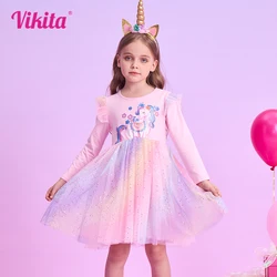 VIKITA Girls Tutu Dress Kids Unicorn Print Cartoon Dresses with Irregular Skirt Girls Birthday Party Prom Gown Long Sleeve Dress