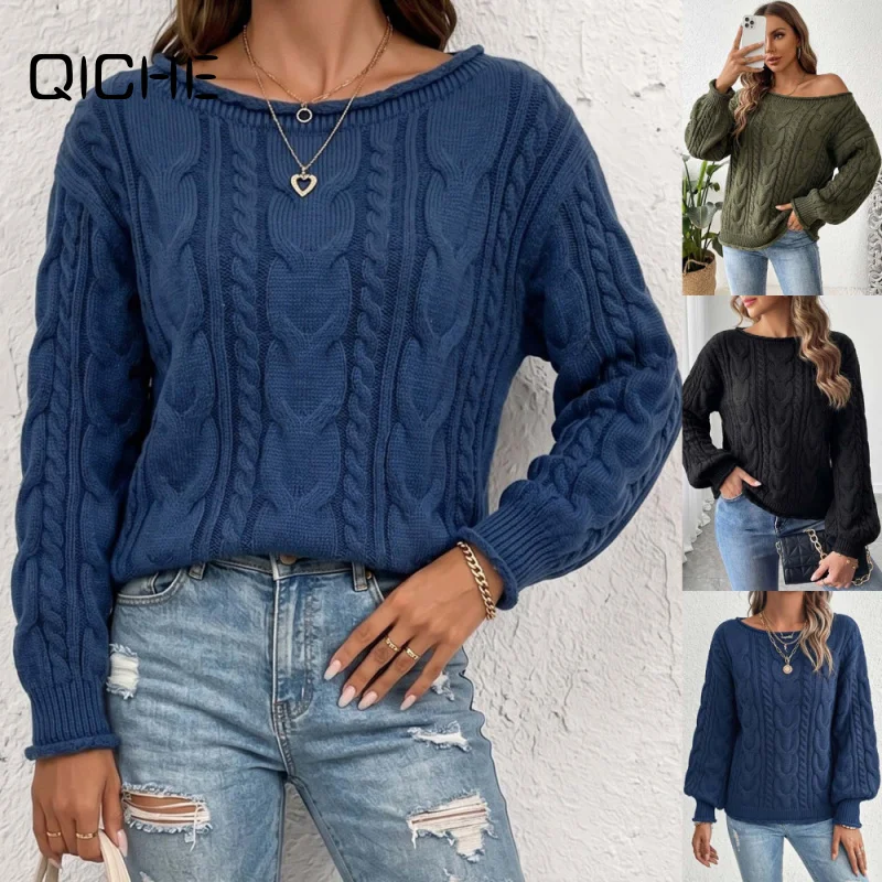 QICHE 2026 Autumn Winter Women Bateau Off Shoulder Cable Neck Knit Pullover Thick Heavy Knit Sweater Top