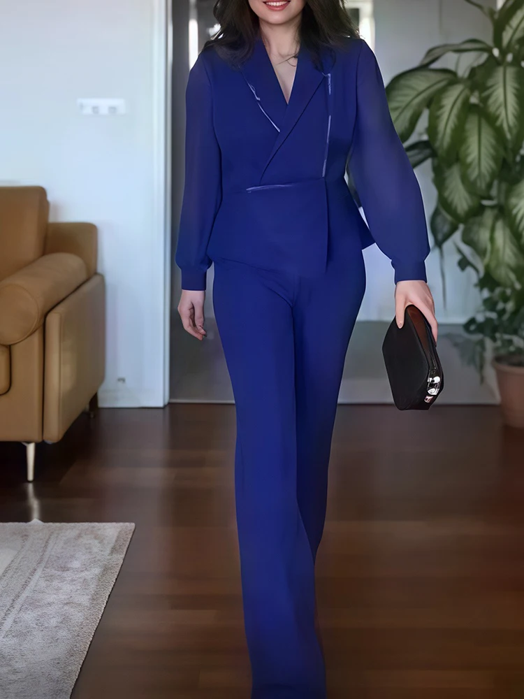 Office Elegant High Waisted Slim Long Playsuit Fashion Lapel Collar Mesh Party Romper 2025 Women Sexy Commuting Solid Jumpsuits