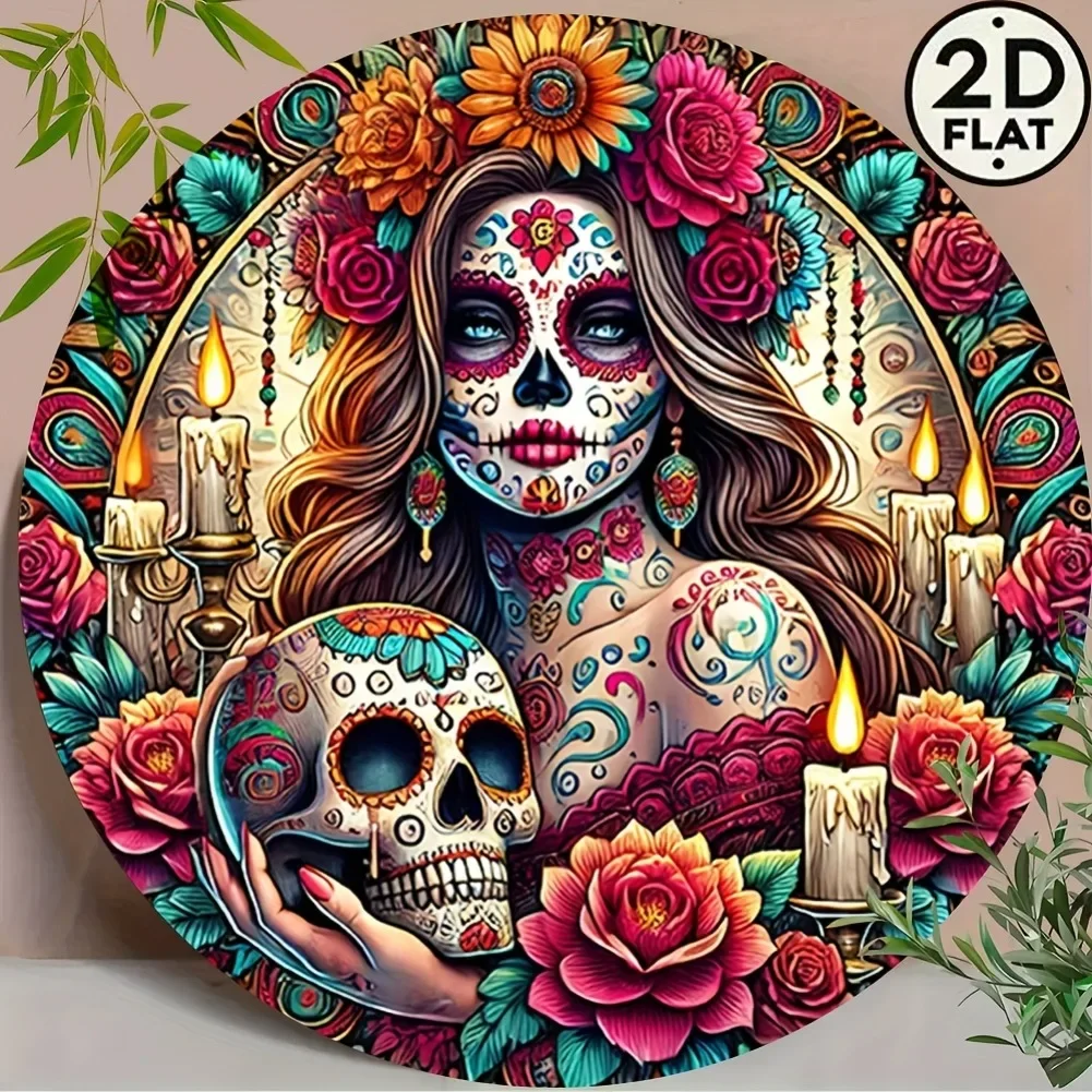 1pc 8-Inch Round Frameless Iron Wall Art - Traditional Mexican Sugar Skeleton Design, Vintage 2D Metal Sign, Ideal for Home/Bar