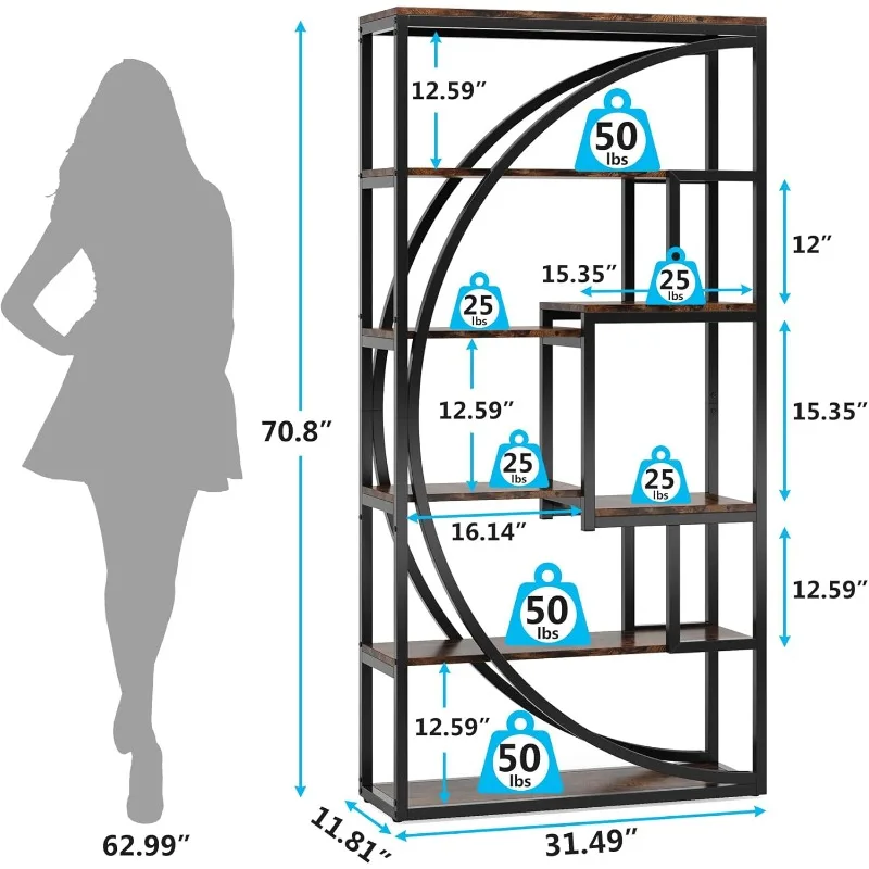 Bookcase, Industrial 5-Tier Loft Bookcase, 70.8-Inch Tall Bookcase with 8 Open Storage Shelves, Bookcase Display Shelf