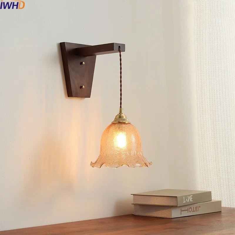 

IWHD Home Decor LED Wall Light Fixtures Bedroom Living Room Restaurant Walnut Copper Modern Bedside Lamp Lampe De Chevet