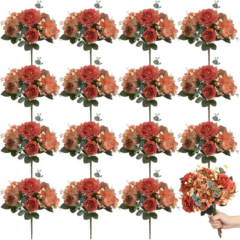 

16 Packs Artificial Peony Flowers Faux Peonies Bouquet Silk Vintage Wedding Home Table Door Decor Reusable Bouquet Rose F