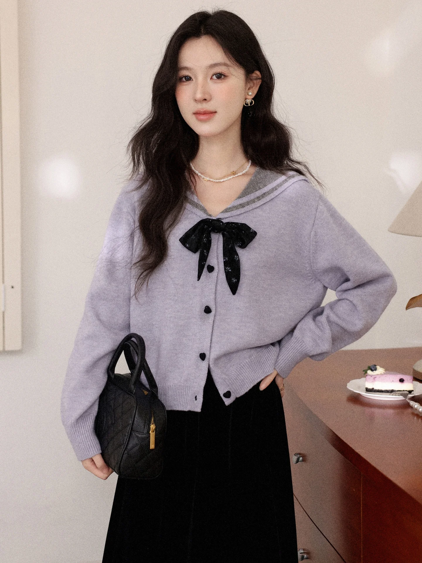 

Purple Sweater Fake Two-Piece Women's Autumn Winter New Small Design Sense Open Cardigan Top Ele Loose Fit Lace
