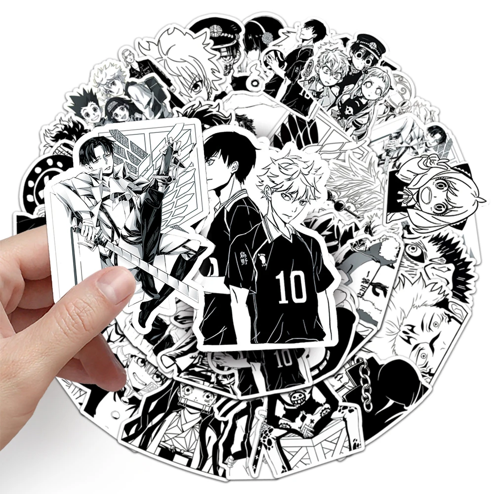 

10/30/50pcs Mixed Japanese Anime Stickers Jujutsu Kaisen My Hero Academia Decals Luggage Phone Laptop Black White Manga Sticker