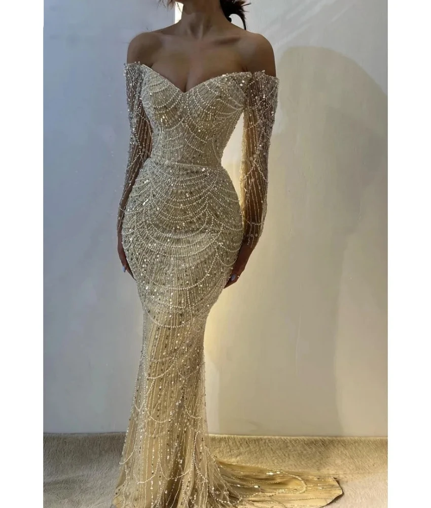 

Customized Luxury Sequined Beading Pearls Off the Shoulder Evening Dress Delicate V-Neck Long Sleeves Floor Length Prom Gowns