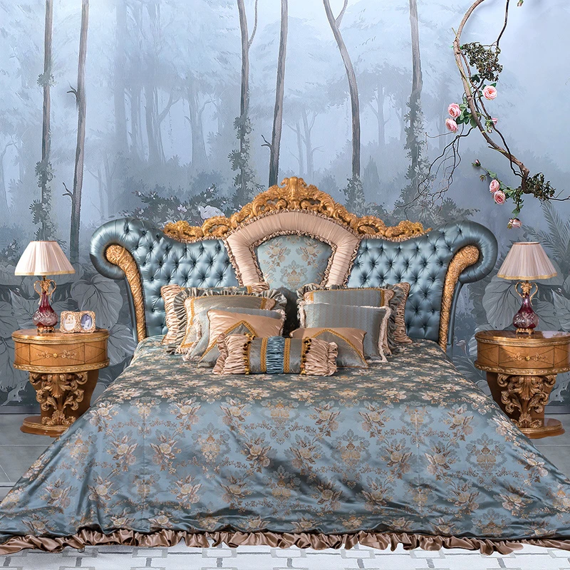 Luxury villa furniture, bedroom, champagne, gold carved embroidered fabric, 1 .8M high-end bed