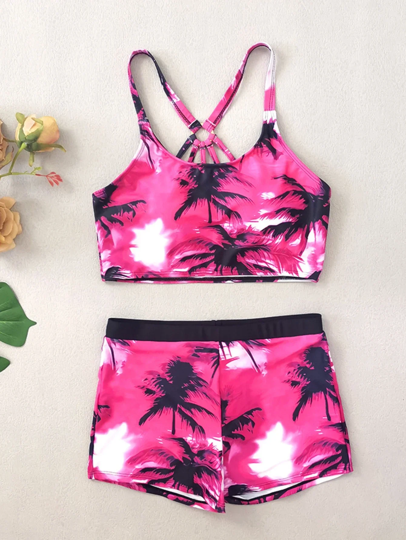 Kokosnootprint bikiniset 2025 Nieuw dames 3-delig badpak Hoge taille Tankini Strandvakantie Badmode Rugloos badpak