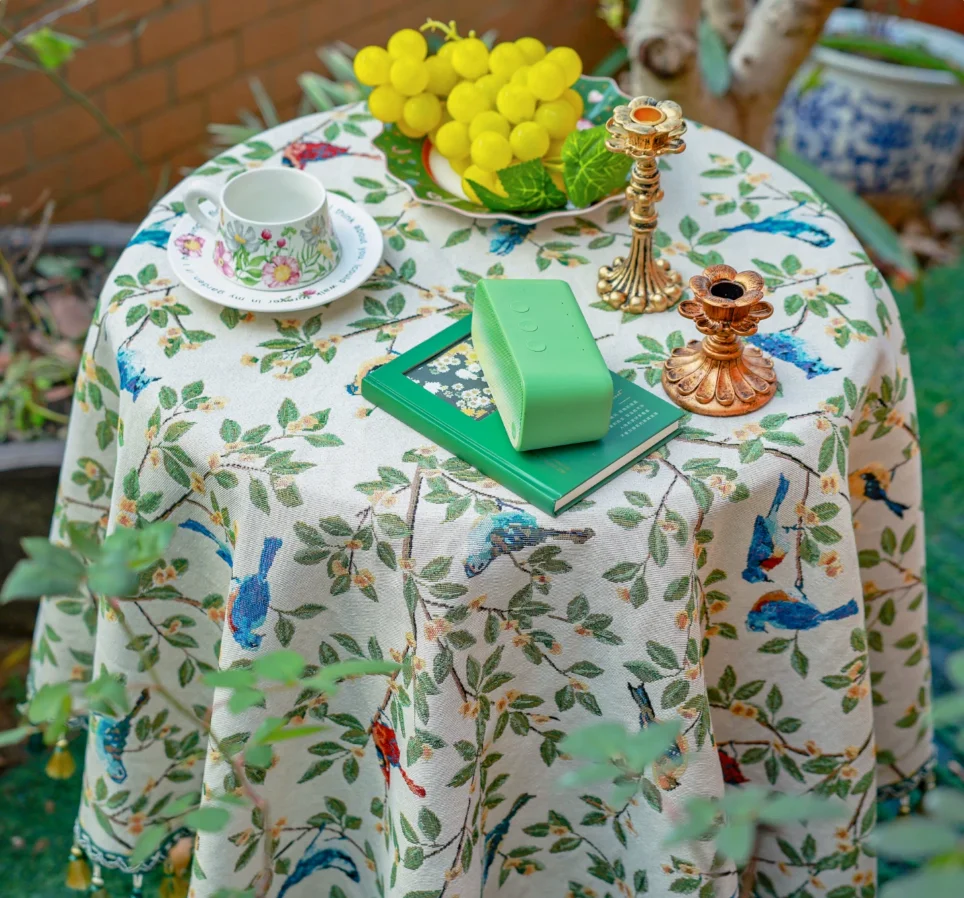 American Country Style Bird Tablecloth,Vintage Jacquard Round & Rectangular Table Cover for Nightstand,Coffee Table Home Decor