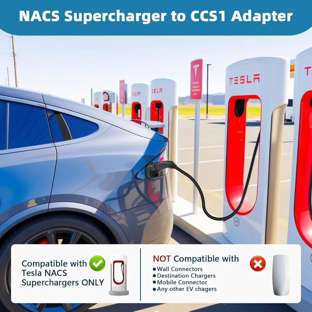 محول NACS إلى CCS - محول السيارة الكهربائية Tesla Supercharger (NACS) إلى CCS1، محول شحن سريع 500 أمبير/1000 فولت تيار مستمر NACS إلى CCS1